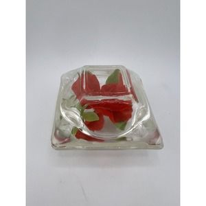 Vintage Decorative Clear Red Rose Tabletop‎ Square Paperweight